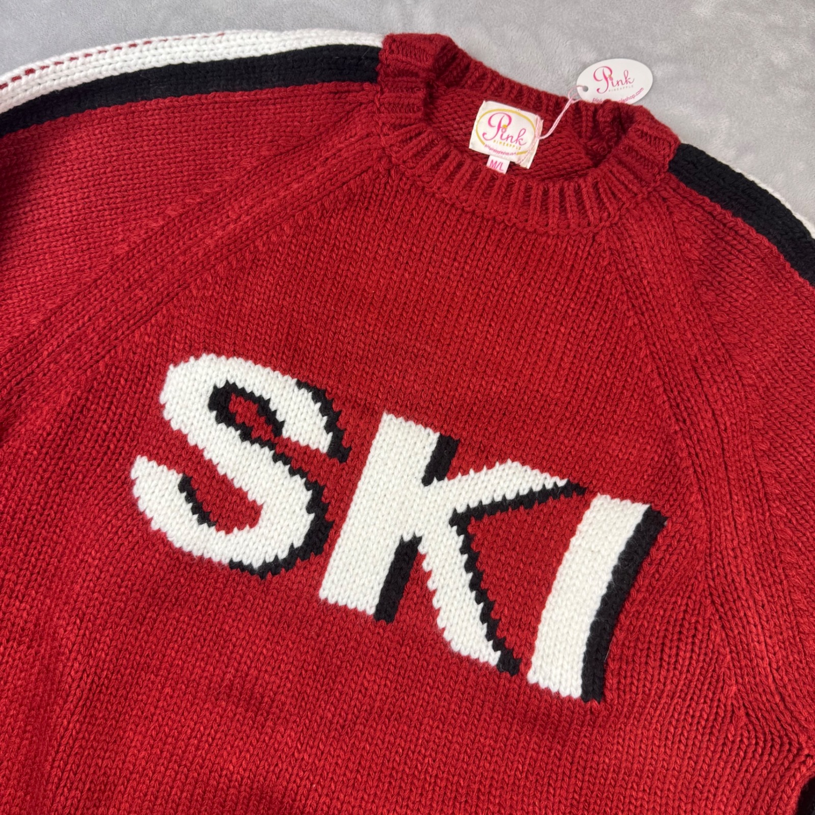 Pink Pineapple Classic Chunky Ski Sweater Womens M/L Red White Black Stripe
